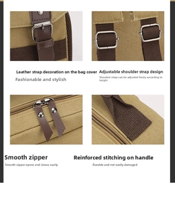 Detail view of khaki canvas backpack with leather straps and metal hardware