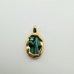 Detailed macro view of oval abalone shell pendant with 18K gold-plated frame
