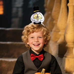 Halloween headband featuring a white skeleton wearing a black top hat for kids party
