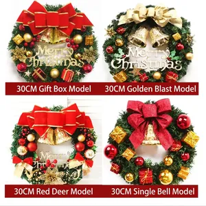 Christmas wreaths set with Merry Christmas signs, bows and bells in 30cm diameter size