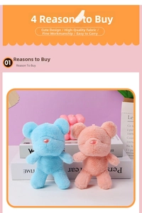 Detailed view of fluffy blue and pink bear plush keychains with cute glossy noses