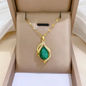 Pendant Necklace Stainless Steel Chain Copper Green Water Drop Gemstone Luxury Zircon Micro Pave Elegant Women