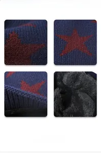 Gros plan détaillé du tricot bleu marine aux étoiles rouges et doublure polaire noire