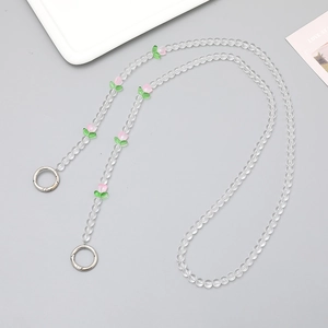Detail of pink tulip beaded phone strap with clear beads and silver spring rings