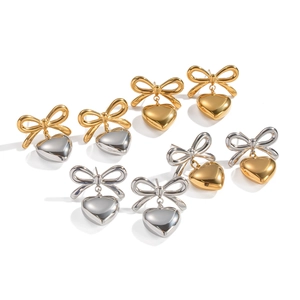 Polished stainless steel bow and heart earrings in gold and silver color combinations