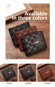 Short bi-fold men's wallet in three colors with checkered pattern and metal logo