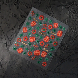 3D embossed tomato nail stickers with realistic glossy resin fruit designs and gold text