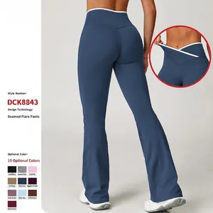 High Waist Schlaghose Yoga Damen Überkreuzter V-Bund Kontrastbesatz Nacktgefühl Workout Gym Fitness Hose