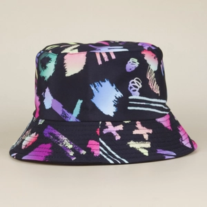 Detailed view of colorful graffiti bucket hat with artistic abstract prints on black fabric