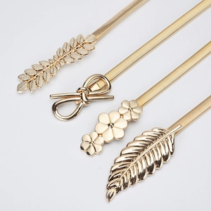 Elastic gold metal waist belts for women featuring leaf flower and bow buckle designs