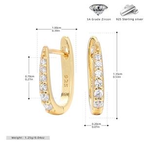 Detailed dimensions of gold S925 silver earrings with 5A grade zircon stones and 925 hallmark