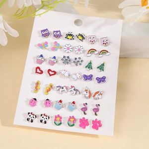 21 pairs of cartoon stud earrings featuring owl, unicorn, and floral patterns for girls
