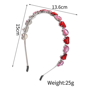 Sparkling rhinestone heart headband with red crystals and dimensions 15cm by 13.6cm