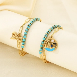 Bohemian turquoise beaded double-layer bracelet with golden starfish and bow charms