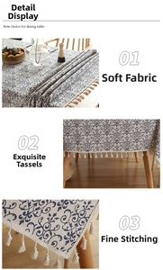 Close-up of linen tablecloth featuring blue vine patterns and delicate white fringe details