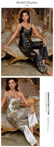 Detailed view of floral satin pajama set with V-neck camisole and long pants