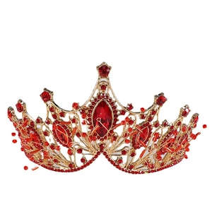 Luxury Baroque bridal crown with gold metal frame and deep red crystals for weddings