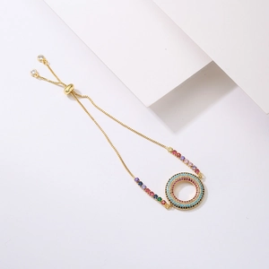 Adjustable 18K gold plated bracelet with colorful zircon pendant and slider buckle