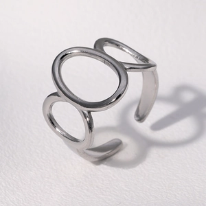 Macro detail of a polished silver adjustable ring with a triple oval geometric cutout design