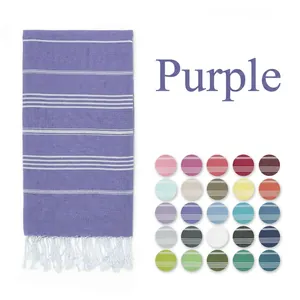 Detail of purple striped Turkish towel with fringe and a grid showing 25 color options