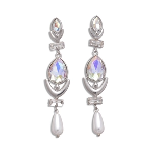 Elegant silver drop earrings with geometric rhinestones and white imitation pearls