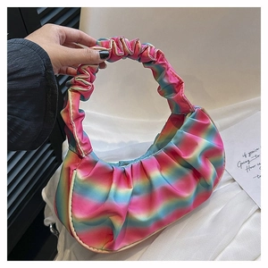 Detailed close-up showing rainbow gradient pleated clouds bag with a stylish handle