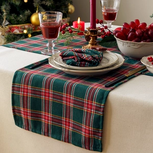 Christmas Table Runner And Placemats Red Green Plaid Tartan Polyester Fabric Holiday Party Dining Room Decoration