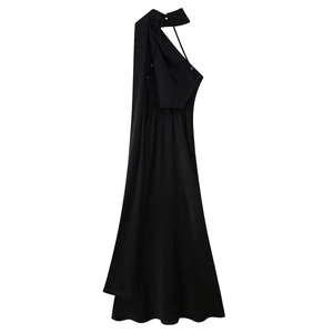 Elegant black satin one-shoulder maxi dress with asymmetrical neckline and floor-length hem