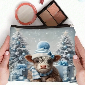 Highland cow makeup bag with winter hat print and blue scarf for travel storage