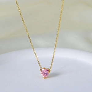 Elegant 18k gold plated stainless steel necklace with a pink heart-shaped zircon pendant