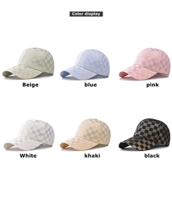 Detailed color display of six classic checkered baseball caps in neutral and bright tones