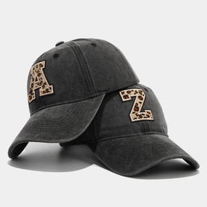 Charcoal grey washed denim baseball caps with leopard print embroidery A and Z letters