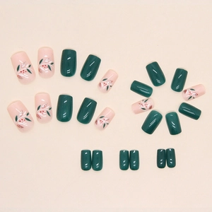 Medium square press-on nails in emerald green and floral leaf patterns set of 24