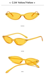 Three perspectives of yellow cat eye sunglasses with transparent resin frames and UV lenses