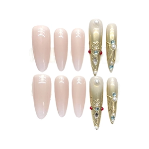 Handmade press-on nails with royal style gradient, white pearls and gold floral patterns