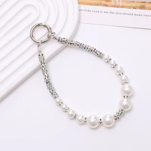Elegant beaded phone strap with white pearls and colorful rhinestones for luxury look