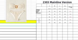 Detailed size chart for striped bandeau bikini set showing measurements from S to XL