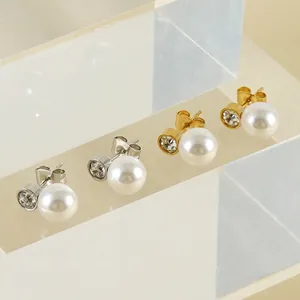 Orecchini A Perno Con Künstliche Perle Per Donna Acciaio Inossidabile Placcato Oro 18K Zircone Intarsiato Gioielli Minimalisti Ipoallergenici