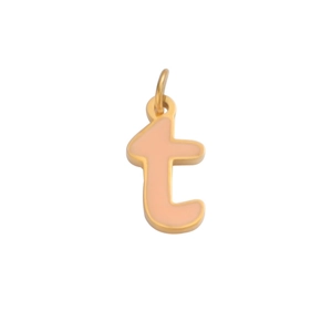 Macro shot of letter t charm with pink enamel inlay and gold plated stainless steel edges