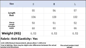 Detailed size chart for minimalist knit sweater showing measurements in centimeters
