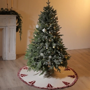 48-inch knitted Christmas tree skirt with red tassels and 3D cedar pattern embroidery