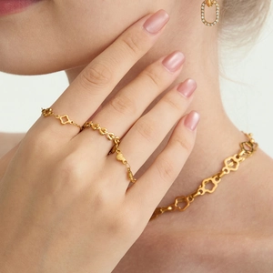 Vintage 18K gold-plated stainless steel clover link jewelry set with necklace and ring