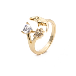 Moon Star Heart Zircon Copper Ring 18K Gold Plated Exaggerated Adjustable Open Finger Jewelry For Women Hip Hop Style