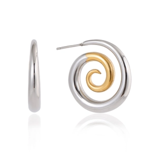 Minimalist spiral hoop earrings in polished gold and silver two-tone stainless steel
