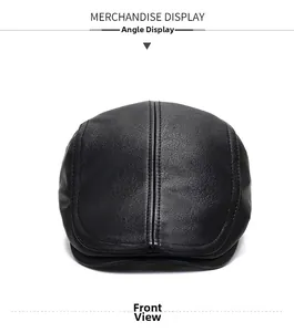 Front view of black leather flat cap with high-quality stitching for autumn and winter