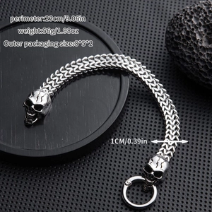 Detailed view of silver gothic skull link bracelet with dimensions and size specifications