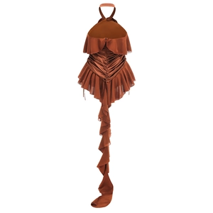Close-up of caramel halter gown showing detailed ruffles and elegant chiffon draping