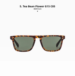 Detail view of classic demi tortoise rectangle sunglasses frame with G15 dark green lenses