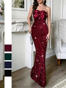 Elegant Sequin Evening Gown Strapless Maxi Dress With Big Bow Bodycon High Waist Slit For Party Women