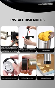 Step-by-step guide showing how to install molds and use the stainless steel cookie press gun